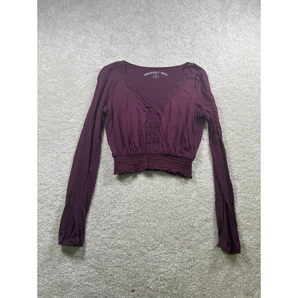 Aero Seriously Soft Top Womens XS Purple Long Sleeve Cropped Smocked Boho‎ Knit